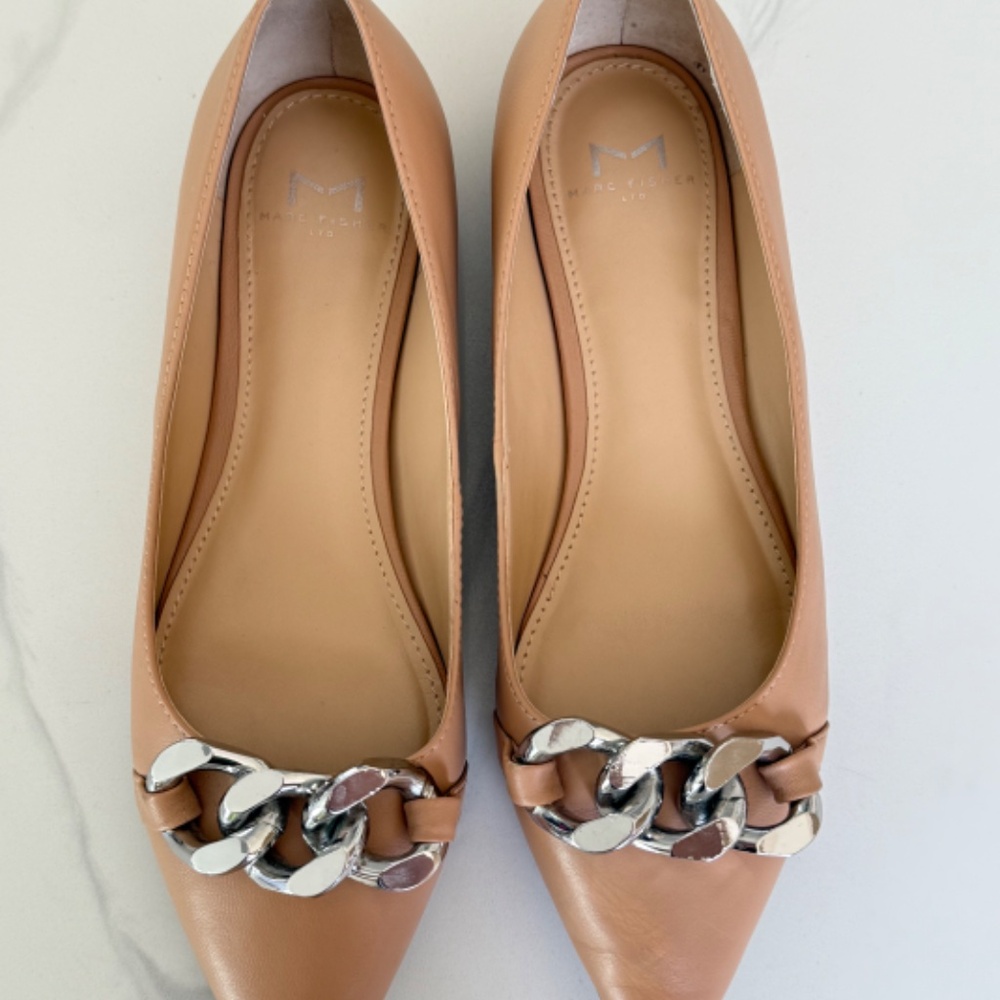 Marc Fisher Tan Pointed-Toe Chain Detail Flats